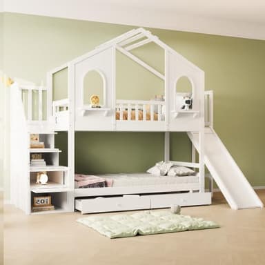 Kinderbett Etagenbett 90x200, Hochbett Hausbett mit Rutsche&Aufbewahrungsleiter&2 Schubladen&Fenstern&Dach, Stockbett Doppelbett Holzbett mit Lattenrost&Rausfallschutz, Kiefer, Ohne Matratze, Weiß