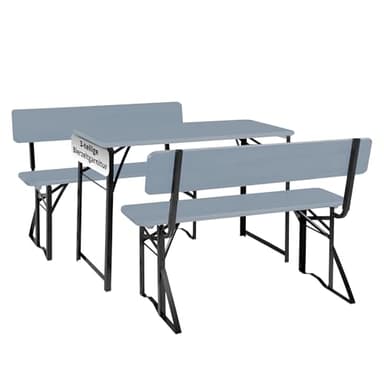 Stagecaptain BBDL-119 GY Hirschgarten Bierzeltgarnitur mit Lehne für Balkon - 119 cm Länge - Klappbare Festzeltgarnitur 1x Tisch, 2X Bank - Holz Sitzgarnitur - Innen & Außenbereich - Grau