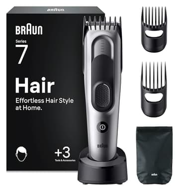 Braun Haarschneider Series 7, Haarschneidemaschine und Rasierapparat für Herren, Haartrimmer mit Ultrascharfer Klingen, 17 Längen, 5 Zubehörteile, 50 Min. Akku, Abwaschbar, HC7590, Grau