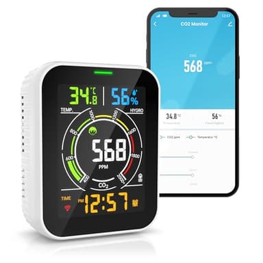 Brandson - CO2 Melder WiFi - Messgerät WLAN Luftqualitätsprüfer - Kohlenstoffdioxid Sensor Messung PPM - Tuya Smart Home - Raumluft Lüftungsampfehlung - Temperatur - Luftfeuchtigkeit Hygrometer