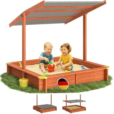 Spielwerk® Sandkasten Max Sonnendach 140x140x120cm imprägniertes Holz Füllstand Skala UV 50+ Kantenschutz Bodenvlies Sandspielzeug Kinder Sandbox Sandkiste