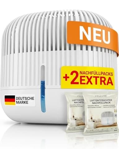 Vellure® Design Luftentfeuchter ohne Strom + 2x 600g Nachfüllpacks - Raumentfeuchter für Bad, Keller uvm. bis 25m² + 2x Luftentfeuchter Granulat Fachhandel Qualität