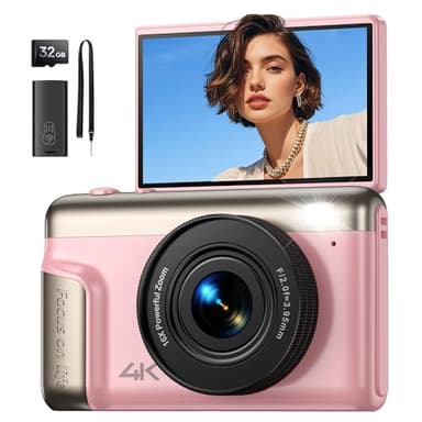 Digitalkamera 4K Fotokamera 64MP Kamera: Vlogging Fotoapparat für Videos mit 3" Klapp-Bildschirm Tragbare Batterie Kompaktkamera mit 16X Digitalzoom 32GB Karte für Kinder Anfänger Studenten (Rosa)
