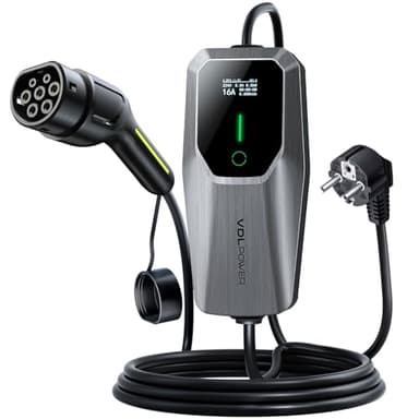 VDLPOWEREU Ladekabel Typ 2, 3.6KW /5M Ladekabel Elektroauto, 6A-16A LED-Anzeige Tragbare EV Ladegerät, Typ 2 für Elektrofahrzeuge mit Einphasigem EU-Schuko, IP65(Norm IEC 62196-2)