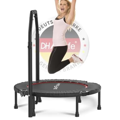 DH FitLife Fitness Indoor Trampolin klappbar ohne Installation | Ø102cm 40 Zoll Mini Trampoline | Tragfähigkeit 150 KG | 4 verstellbare Handgriffstufen | Stabiler und leiser