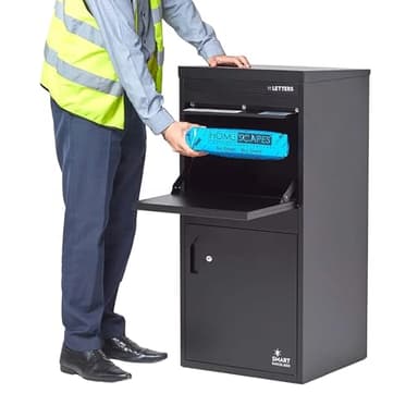 SMART PARCEL BOX XXL Paketbox für draußen, Paketbriefkasten zum Einbauen, zur Wandmontage oder freistehend, Entnahme hinten & vorne, rostfreier Stahl, schwarz