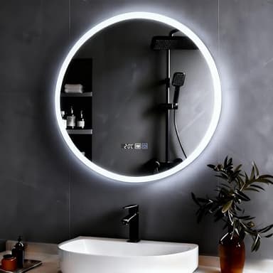 YOURLITE Badspiegel mit Beleuchtung Rund 60cm,LED Spiegel mit Beleuchtung,3 Lichtfarben Dimmbar,Uhr, Anti-Beschlag Badezimmerspiegel mit Licht,Touch-Schalter,Memory-Funktion,IP44,(Stecker/Hardwired)