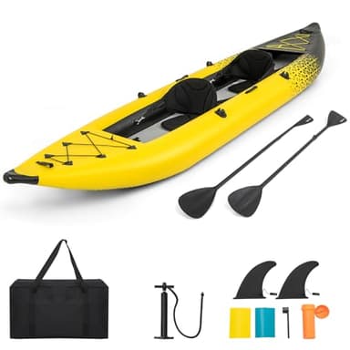 HOMASIS Kajak Aufblasbar für 2 Personen, Schlauchboot mit 2 Aluminiumpaddel & 2 Flossen, verstellbare Sitze & Fußstützen, Kanu mit Tragetasche, Pumpe & Reparaturset, bis 230 kg belastbar (Gelb)