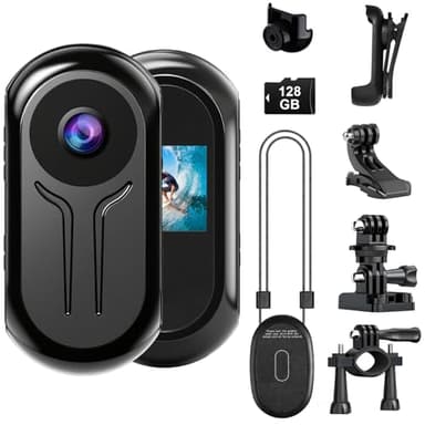 OBEST 360 Action Kamera und 128GB Karte, Mini Action Cam Bodycam Körperkamera mit Display, Magnet Motorrad Fahrrad Reiter Helmkamera, 1080p Nachtsicht Sportkamera Vlog POV Camera mit Zubehör Schwarz