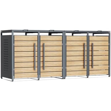 CHOSHOME Mülltonnenbox 4er für 4 Mülltonne bis 240L - Anthrazit & Holzoptik - Witterungsbeständiger und Pulverbeschichteter Stahl - Abschließbar - inkl. Erweiterungsmöglichkeit - Aufbewahrungsbox