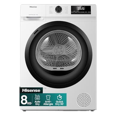 Hisense DHQE800BW2 Wäschetrockner, QE, 8KG, Kondensation mit Wärmepumpe, 15 Programme, Feuchtesensor, Anti Crease, TwinAir, Energieeffizienzklasse D, Weiß