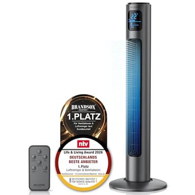 Brandson - Turmventilator mit Fernbedienung 96 cm - Preisträger 2026 - mobiler Lüfter leise - Standventilator mit Oszilation - 3 Geschwindigkeiten 3 Lüftungs-Modi Timer - Ventilator mit GS - Cool Grey
