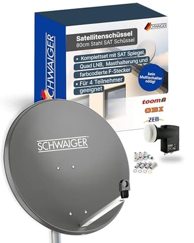 SCHWAIGER Satellitenschüssel Komplettset - Ø 80 cm Stahl Offset Antenne in Anthrazit - Inkl. sonnengeschütztes Quad LNB 4-Fach - Digital HD & 4K Empfang - Integrierte Kabelführung & wetterfest