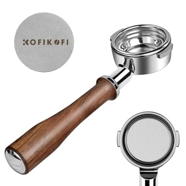 KOFIKOFI 58mm Bodenloser Siebträger, 2 Ohren Bottomless Portafilter für E61, Flair 58, ECM, Rocket, VBM Kaffeemaschine mit 304 Edelstahl-Filterkorb, Pucksieb, Walnussholz