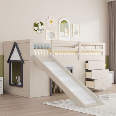 Merax Kinderbett 90x200 Funktionsbett Kinder Hochbett mit Rutsche, Stauraum, Unterhaltungsbereich unter dem Bett - Holzbett mit Lattenrost, Leiter und Rausfallschutz, Kiefer, ohne Matratze, Creme