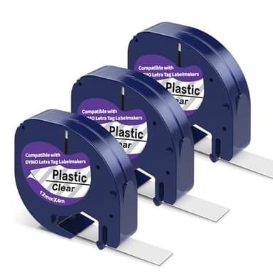 3 X Etikettenband Kompatibel mit DYMO Etikettenband, Kompatibel mit DYMO Letratag 12mm X 4m, Transparente Kunststoffetiketten, Ersatz für Dymo Letratag LT-100H XR 100T, Schwarz auf Klar