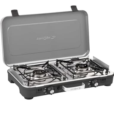 BRUNNER: Tisch Camping-Kocher 2-flammig Edelstahl Gasgrill & Gaskocher - POWERKOOK 50mbar - mit Gasregler + Gaschlauch 1 Meter für Wohnwagen, Wohnmobil, Boot
