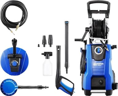 Nilfisk Hochdruckreiniger E 145 Bar Druck + Schaumsprüher + Flächenreiniger + Bürste + Rohrreinigungs-Set (2100 W)