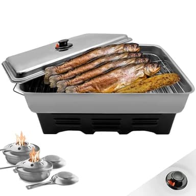 Eversmoke Tischräucherofen Edelstahl Deluxe – Mobiler Smoker für bis zu 8 Fische – 2 Ebenen, Fettauffangplatte & 3 regulierbare Brenner (40x25x19cm)