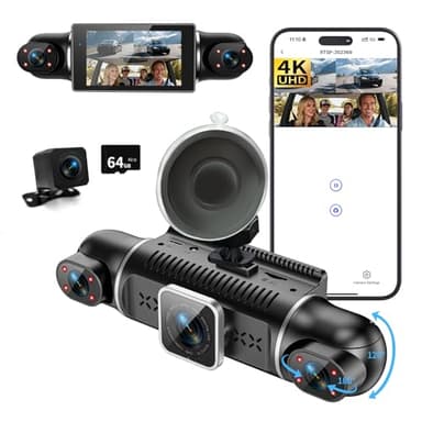 4 Kanal Dashcam Auto Vorne Hinten 4K/1080P,360° Dasch-Cam Auto mit 64GB SD-Karte,3" IPS-Bildschirm,4X 140° Weitwinkel,WDR Nachtsicht (8 IR-LEDs),G-Sensor,Dashcam mit parküberwachung,Loop-Aufnahme,WiFi