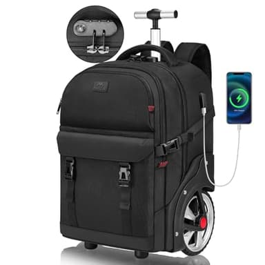 MATEIN Trolley Rucksack mit Rollen, 17,3 Zoll Trolley Rucksack mit Groß Rädern, 50L Reiserucksack mit rollen Einschließen USB-Ladeanschluss &Kombinationsschloss, Wasserdichte für Arbeit Reise, Schwarz