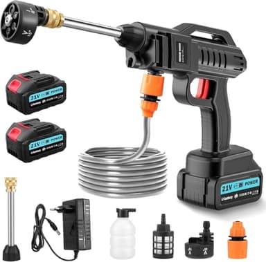 Dibaful Akku Hochdruckreiniger 100 Bar 270 L/H | Auto Tragbarer Pistole mit 2 x 3000mAh Akku | Waschpistole Mobiler 6 in 1 Verstellbare Düse 5M Schlauch für Terrasse Auto