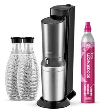 SodaStream – Crystal Wassersprudler; Quick Connect CO2-System; inklusive 60-Liter CO2-Zylinder; 2x 0;7L Liter Glasflasche; spülmaschinenfest; umweltfreundlich & weniger Einweg-Plastikmüll; titan