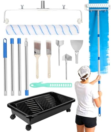 18in Mikrofaser Farbroller Set, Bewegliche Farbwanne mit Rädern, Verstellbarer 12-20in Streicheltrahmen & Verlängerungsstange 1,6M, Komplettes Streicheltenset mit Pinseln & Spachtel für Wände, Decken