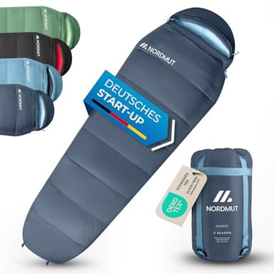 NORDMUT® Schlafsack Ultraleicht – Sommer (100 GSM) und 4-Jahreszeiten (300 GSM), Mumienschlafsack 900g, wasserfest, Camping, inkl. Kompressionsbeutel (3-Jahreszeiten Schlafsack, Marine)