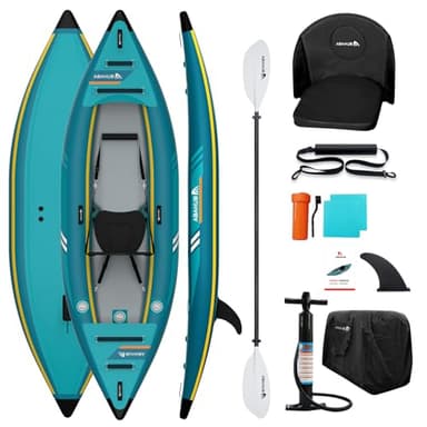 Abahub 320cm Aufblasbares Kajak 1 Person Inflatable Kayak mit Kajak Paddel, Kajaksitz, Fußstütze, Handpumpe und Tasche für Kajakfahren Kanu Schlauchboot 1 Platz 320x89x23cm Blau
