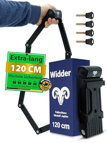 Widder Sehr sicheres Fahrradschloss Faltschloss 120cm mit 4 Schlüsseln | Faltschloss Fahrrad mit Halterung | ideal als E Bike Schloss, E Scooter Schloss, Fahrräder & Bike Lock