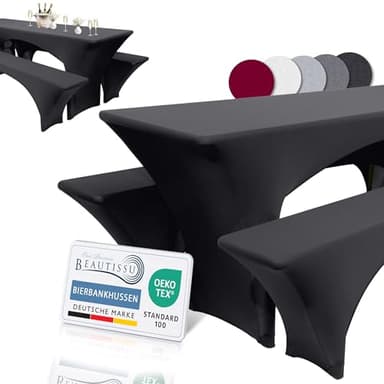 Beautissu Edles Stretchhussen Set 3tlg. Victoria - Elastische Hussen für Bierzeltgarnitur 220x70 cm – Festliche Husse Biertisch + 2 Bierbank - Bierzeltgarnitur Hussen in Schwarz