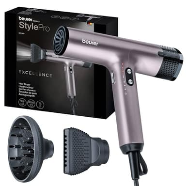Beurer HC 100 Excellence Haartrockner, Föhn mit kraftvollem Digitalmotor, trocknet bis zu 20% schneller, leichtes Gewicht, besonders leise, Ionenfunktion für glänzendes Haar, inkl. Volumendiffusor