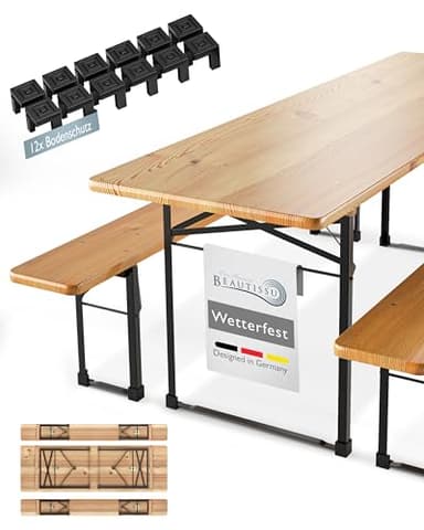Beautissu 3tlg Bierzeltgarnitur 220x70 cm Holz - 1x Biertischgarnitur & 2x Bierbank Biertisch Bierzeltgarnitur klappbar - FSC® Bierbankgarnitur Biergartengarnitur Festzeltgarnitur Campingtisch Outdoor