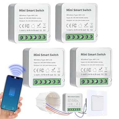 4 Stück Smart Lichtschalter Modul 2 Wege, Smart Life Schalter Kompatibel mit Tuya App, Alexa und Google Home, Mini DIY WLAN Schalter, Neutralleiter Erforderlich, Passt hinter Wandschalter
