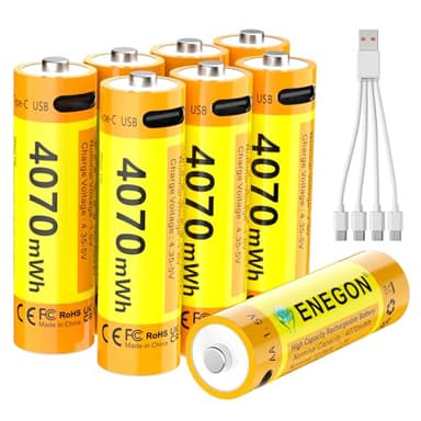 ENEGON 8er Set USB-C Direktladung AA Lithium Akku 4070 mWh 1,5V Konstantspannung mit 1-zu-4 Ladekabel Starke Leistung für Gamecontroller, Smart-Türschlösser, Tastaturen und Mäuse