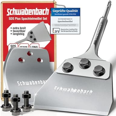 SCHWABENBACH® Verbesserter Spachtelmeißel SDS Plus 125x250 mm - 2 mm Stärke Flachmeißel - Inklusive Ersatzklinge Schrauben - Bodenschaber für effizientes Entfernen von Teppich PVC Farbe Fliesenkleber