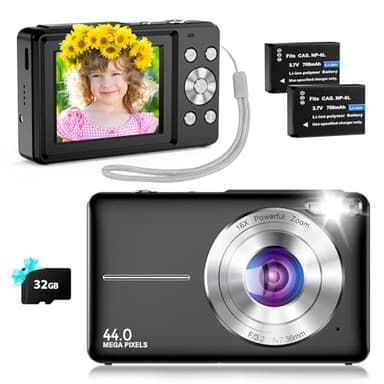 Digitalkamera Kompakte Fotokamera 44MP Kompakte Digitalkameras mit 1080P HD Video, 32GB TF-Karte, 2.4" IPS-Bildschirm, Zwei Batterien, 20 Filter, Anti-Schütteln für Kinder, Jugendliche, Anfänger,Black