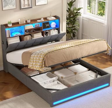 AOGLLATI Polsterbett 140×200 Hydraulisches Stauraumbett mit LED-Bleuchtung,Jugendbett mit USB- und Type-C-Anschlüsse Doppelbett Bettgestell mit Holzlatten, Leinenstoff,ohne Matratze(Grau, 140x200cm)