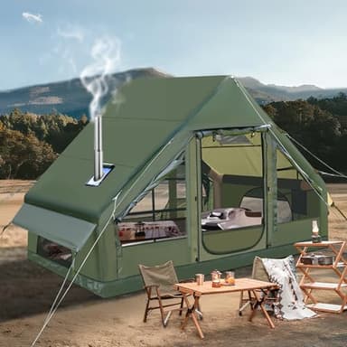 Afitdon Aufblasbares Campingzelt mit Kaminöffnung & Dachfenster, Aufblasbare Zelt für 2-10per mit Luftpumpe, Zelt Aufblasbar aus Wasserdichtem Oxford-Stoff für Jahreszeiten, Schneller Aufbau Luftzelte