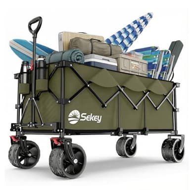 Sekey XXXL Bollerwagen Faltbar 300L 200KG Belastbar, verlängerter Faltbollerwagen mit Extra Breite 17x10 cm All-Terrain-Räder Handwagen, Patentiert 4-Wege-Sofortaufbau Transportwagen, Olivgrün