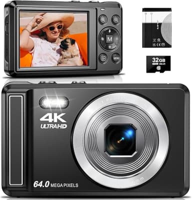 Digitalkamera 4K 64MP, 2.8 Zoll UHD Autofokus Kamera fotokamera, 32GB Karte & Akku,16X Digitalzoom Wiederaufladbare Tragbare Kompaktkameras mit für Anfänger Jugendliche
