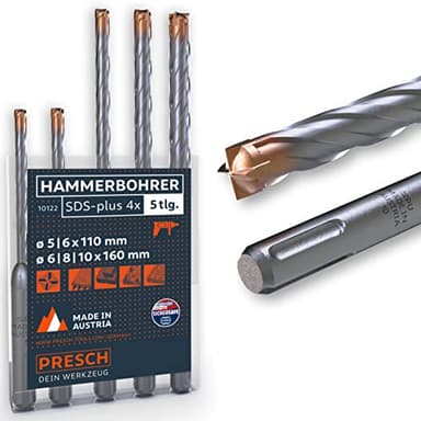 Presch SDS Plus Bohrer Set X4-5-tlg - Stahlbeton Bohrer mit 4 Schneiden und Dübellängenindikator - Hammerbohrer Set SDS für Beton, Stein, Granit, Ziegel, Mauerwerk - Betonbohrer Set Ø 5-10mm