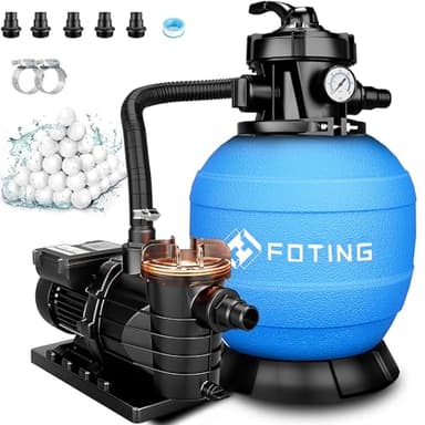 FOTING Sandfilteranlage Pool 15.000 L/h (15 m³/h) inkl. 200 g Filterbälle | Poolfilteranlage mit 7-Wege-Ventil, 24-Stunden Zeitschaltuhr| 2in1 Adapter Ø32mm-38mm