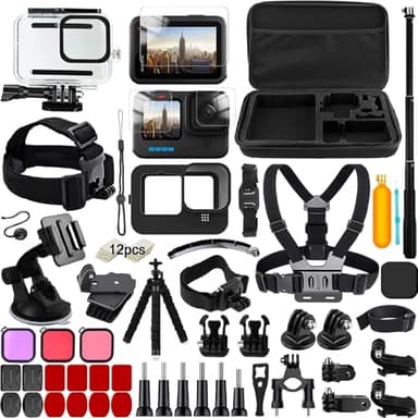 65-in-1 Zubehör Set für GoPro Hero 12/11/10/9 Black, YAVOCOS Zubehör Kit für GoPro Action Kameras, Schutzfolie Wasserdichtes Gehäuse Silikon Schutzhülle Selfie Stick Filter