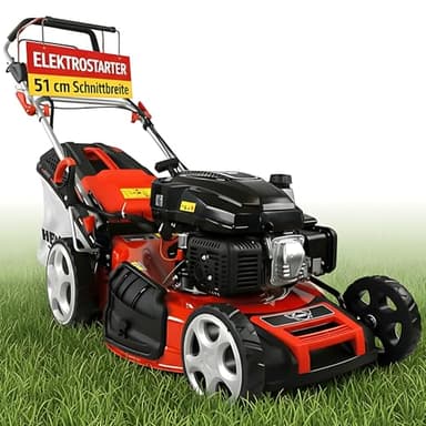 HECHT 5-IN-1 Benzin Rasenmäher – leistungsstarker 4 Takt Motor 4,0 kW (5,5 PS) – Elektrostart – 51 cm Schnittbreite – 65 l Fangkorb – Radantrieb – patentierte Räder – Mulchmäher Rasenmäher