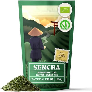 NaturaleBio Japanischer Sencha Tee – 200 g Bio Grüntee – 100% Reiner und natürlicher grüner japanischer Grüntee - Lose in Blättern der ersten Ernte – Bioprodukt angebaut in Japan