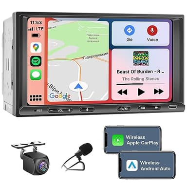 Doppel Din Radio Android mit Wireless CarPlay & Wireless Android Auto, Autoradio mit Navi 7 Zoll Bildschirm, Auto Radio Touch Display mit Bluetooth, WiFi, 4G, Rückfahrkamera, AM/FM, AUX/SWC