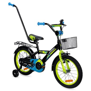MIRAVO Kinderfahrrad Fahrrad Kinder Ab 3 Bis 6 Jahre Mit Stützrädern Schubstange V-Brake Bremsen Rückstrahl Aufkleber 16 Zoll Radgröße Korb Für Junge Spark Schwarz Grün