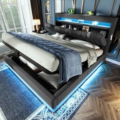 Polsterbett Doppelbett 140x200, LED Jugendbett Hydraulisches Bett Stauraumbett Funktionsbett Bettgestell mit Stauraum&Lattenrost, Stauraum-Kopfteil mit USB Type-C Aufladen, Leinen, Ohne Matratze, Grau